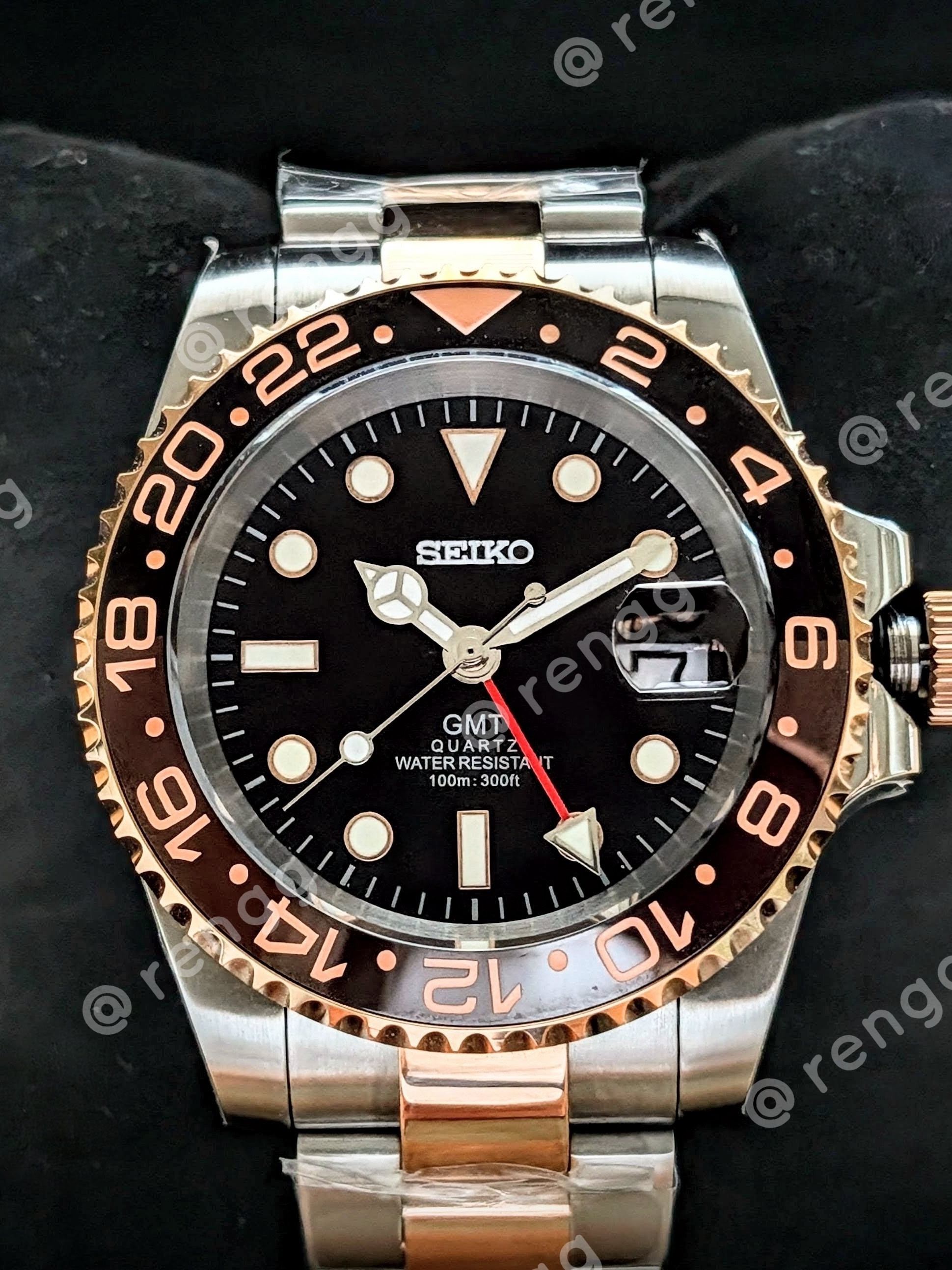 Seiko Gmt TwoTone Root Beer Black Dial Mens Mod Watch 40mm Sapphire